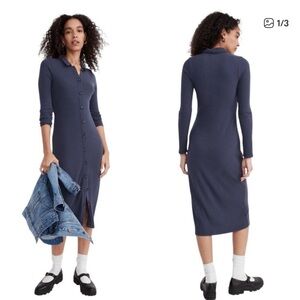 Madewell Petite Medium Button-Front Midi Shirtdress Dark Baltic Ribbed Blue